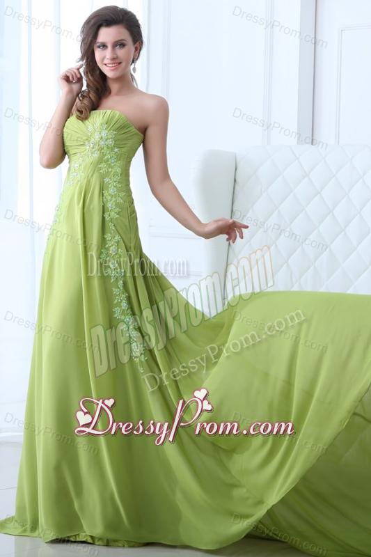 Empire Strapless Spring Green Appliques and Ruching Prom Dress