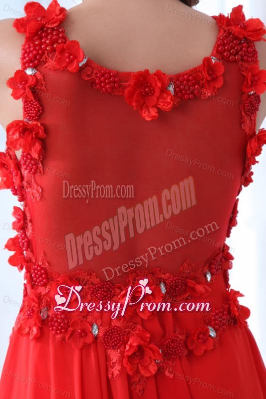 Empire Wine Red V-neck Ruching Appliques Floor-length Prom Dress