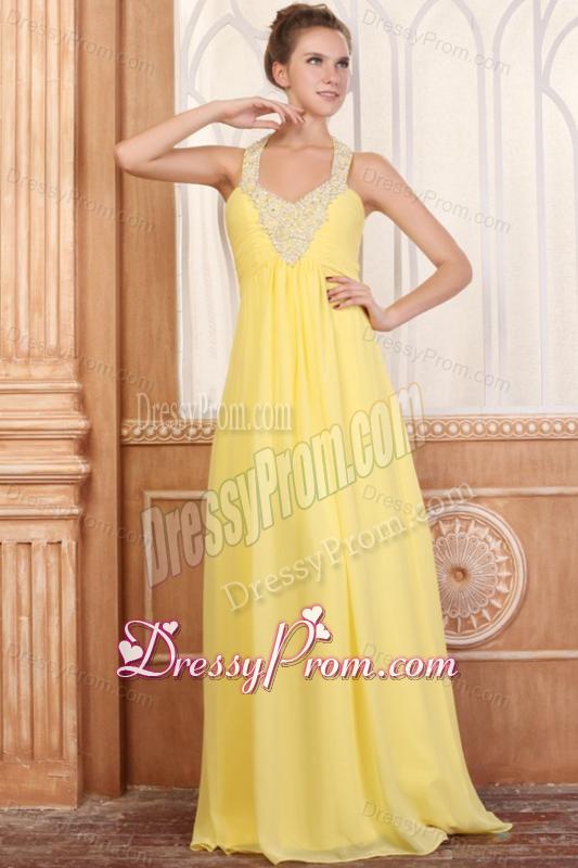 Halter Top Neck Empire Chiffon Yellow Prom Dress with Beading