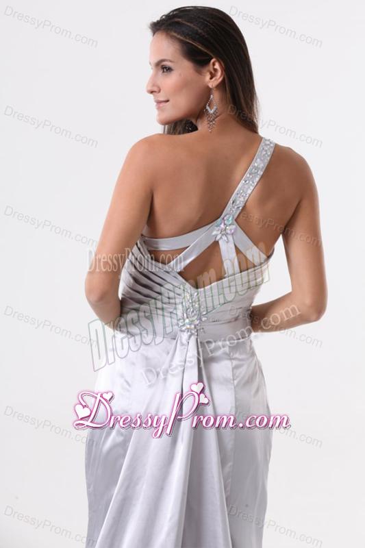 High Slit Silver One Shoulder Prom Dress with Ruching and Beading