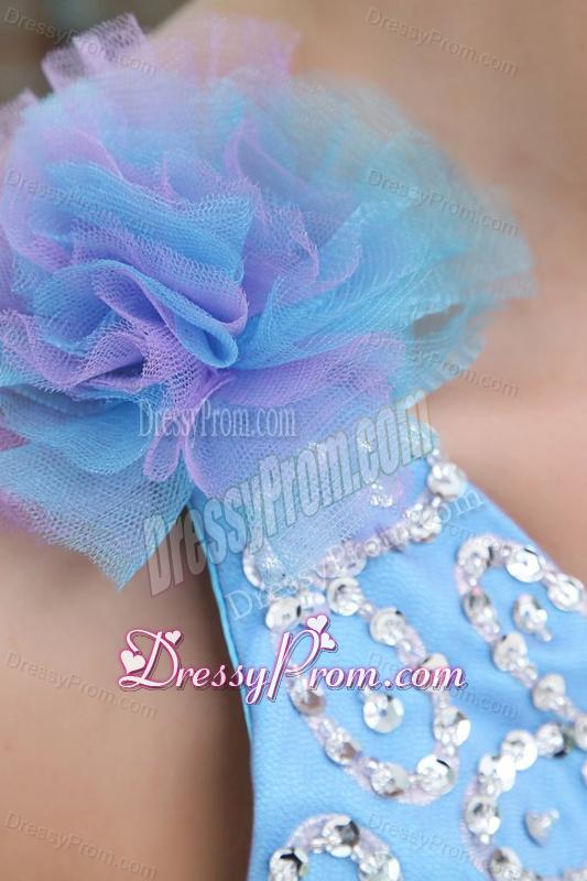 Lovely Princess One Shoulder Beading Tulle Floor-length Blue Prom Dress