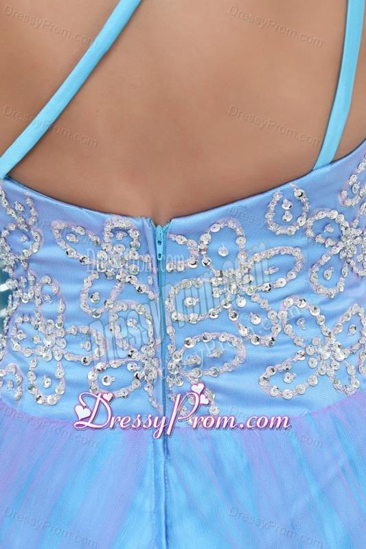 Lovely Princess One Shoulder Beading Tulle Floor-length Blue Prom Dress