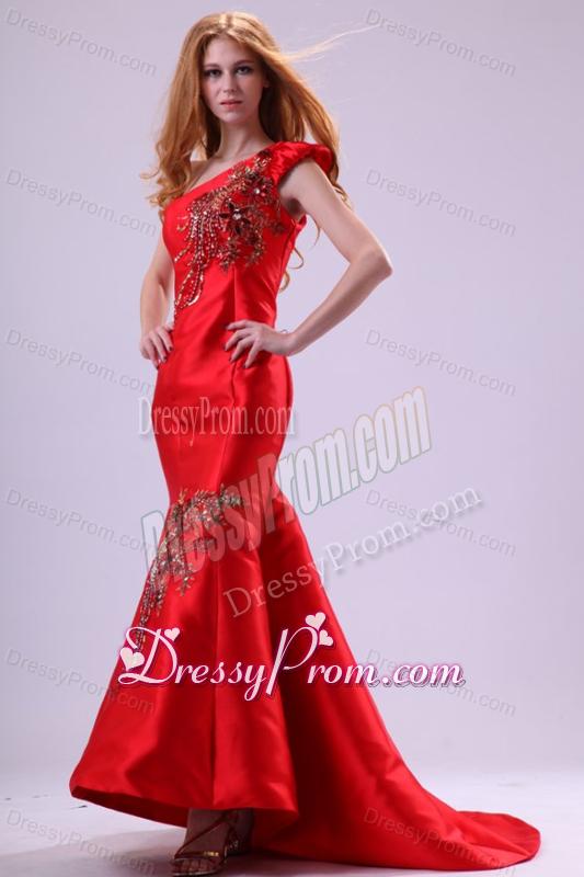 Mermaid Red One Shoulder Embroidery with Beading Prom Dress