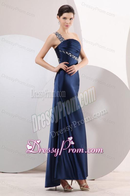 Navy Blue Column One Shoulder Ankle-length Elastic Woven Satin Beading Prom Dress