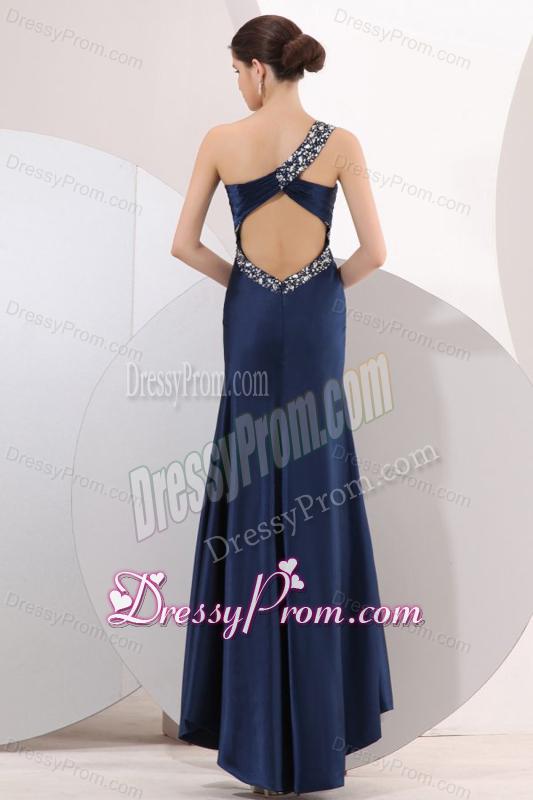 Navy Blue Column One Shoulder Ankle-length Elastic Woven Satin Beading Prom Dress