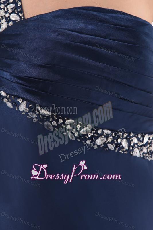 Navy Blue Column One Shoulder Ankle-length Elastic Woven Satin Beading Prom Dress