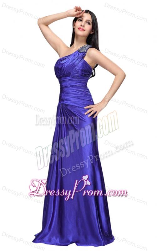 One Shoulder Beading and Ruche Column Prom Dress in Blue