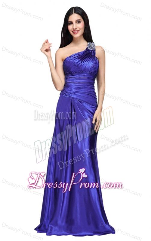 One Shoulder Beading and Ruche Column Prom Dress in Blue