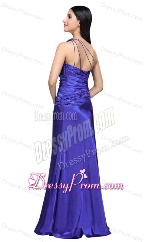 One Shoulder Beading and Ruche Column Prom Dress in Blue