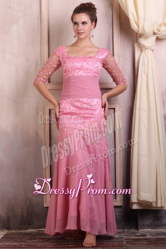Rose Pink Square Appliques Column Chiffon Half Sleeves Prom Dress