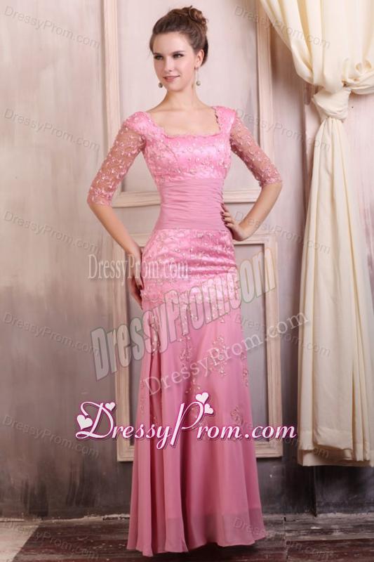 Rose Pink Square Appliques Column Chiffon Half Sleeves Prom Dress