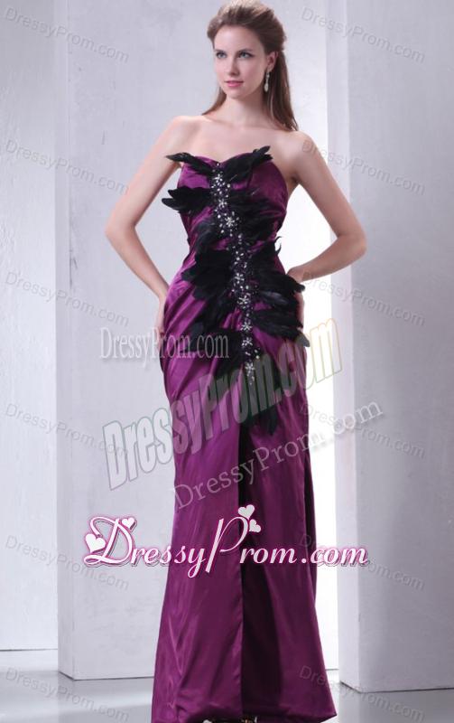 Sweetheart Column Beading and Feather Prom Dress in Dark Purple