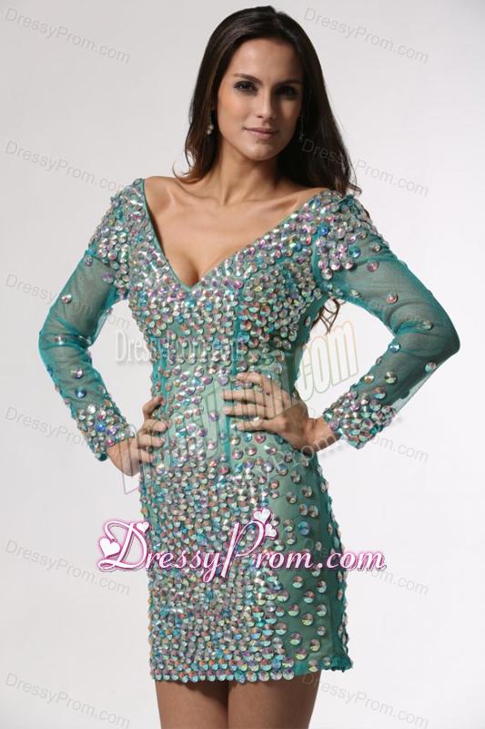 V-neck Long Sleeves Turquoise Short Prom Dress with Beading