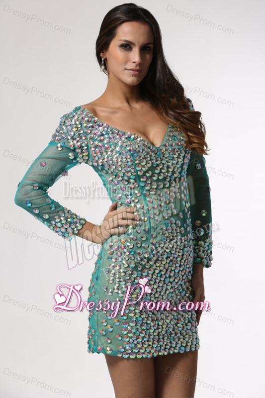 V-neck Long Sleeves Turquoise Short Prom Dress with Beading