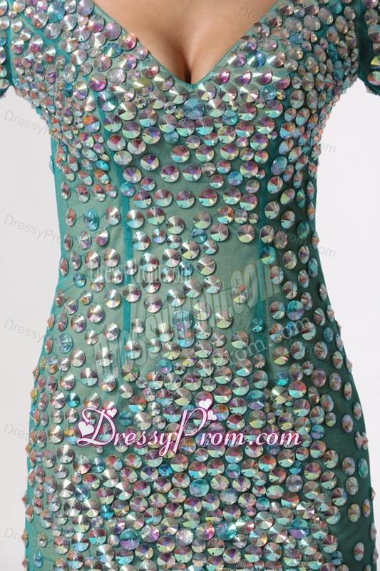 V-neck Long Sleeves Turquoise Short Prom Dress with Beading