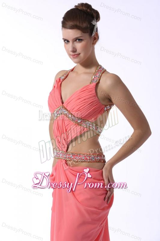 Watermelon Red Halter Top Sexy Prom Dress with Beading