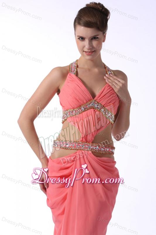 Watermelon Red Halter Top Sexy Prom Dress with Beading