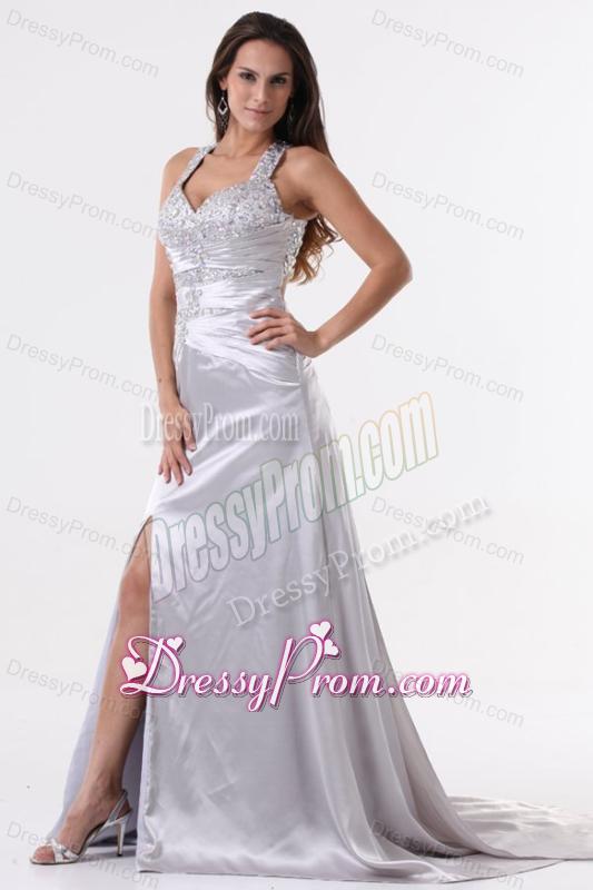 Watteau Train Silver Straps High Slit Prom Dress with Beading