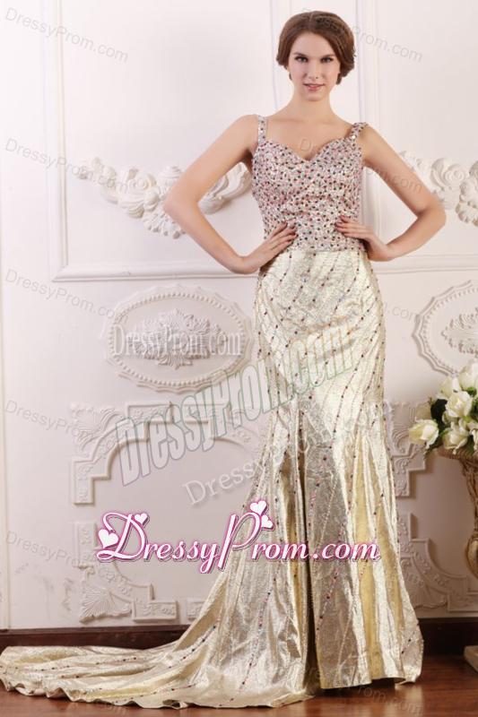 Court Train Column Straps Prom Dress with High Slit and Beading