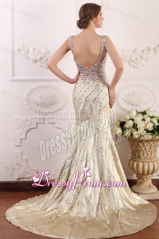 Court Train Column Straps Prom Dress with High Slit and Beading