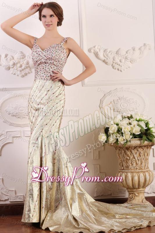 Court Train Column Straps Prom Dress with High Slit and Beading