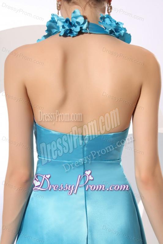 Empire Halter Baby Blue Floor-length Taffeta Hand Made Flowers Popular 2014 Prom Dress