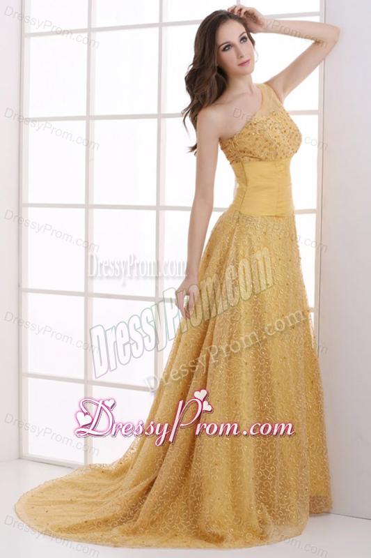 A-line Lace One Shoulder Ruching Court Train Gold Prom Dress