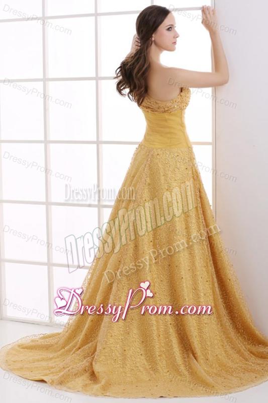 A-line Lace One Shoulder Ruching Court Train Gold Prom Dress