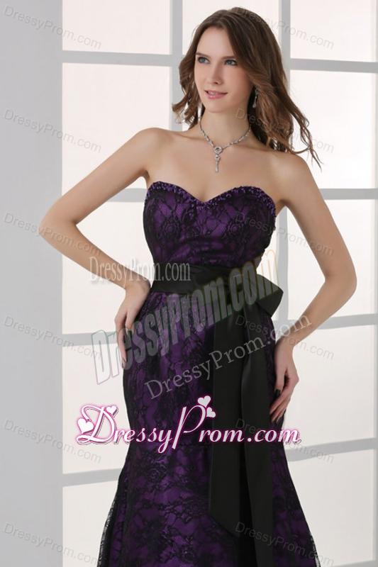 Black and Purple Mermaid Sweetheart Ankle-length Prom Dress with Sash