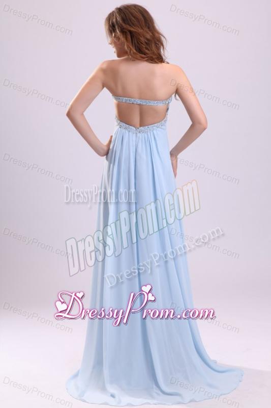 Blue Empire Strapless Brush Train Beading Chiffon Prom Dress with Backless