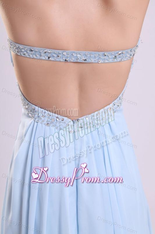 Blue Empire Strapless Brush Train Beading Chiffon Prom Dress with Backless