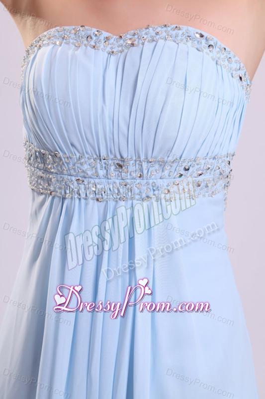 Blue Empire Strapless Brush Train Beading Chiffon Prom Dress with Backless