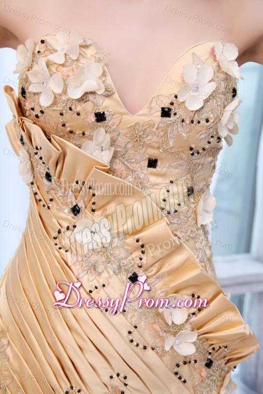 Bowknot Unique Sweetheart Gold Prom Dress with Beading and Flowers