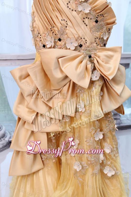 Bowknot Unique Sweetheart Gold Prom Dress with Beading and Flowers