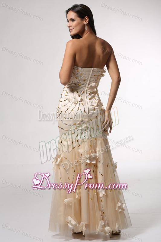 Champagne Mermaid Strapless Prom Dress with Flowers and Beading