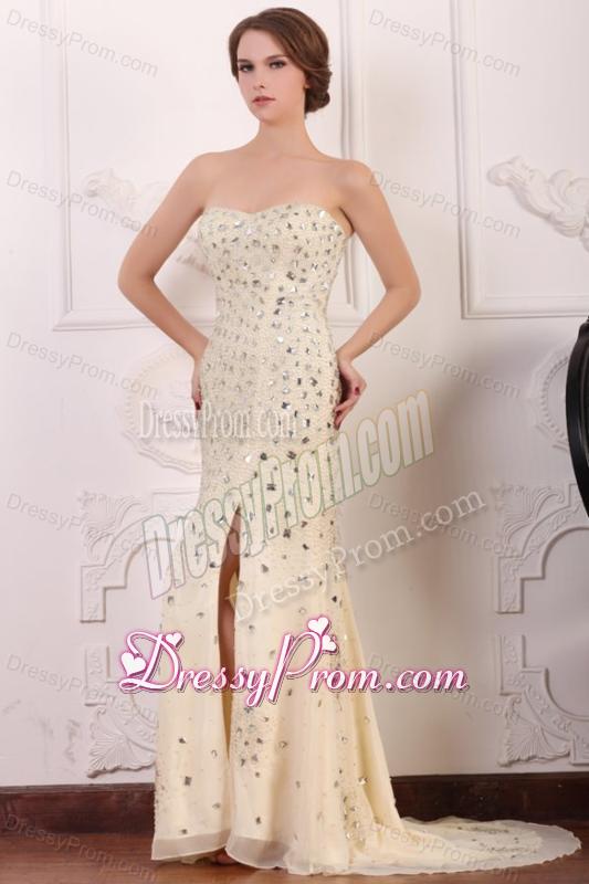 Champagne Sweetheart Column Court Train Rhinestone and Silt Prom Dress