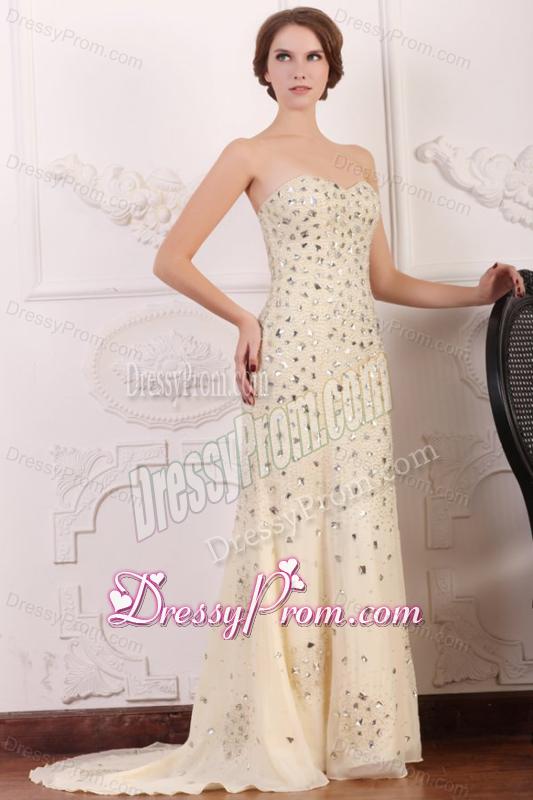Champagne Sweetheart Column Court Train Rhinestone and Silt Prom Dress