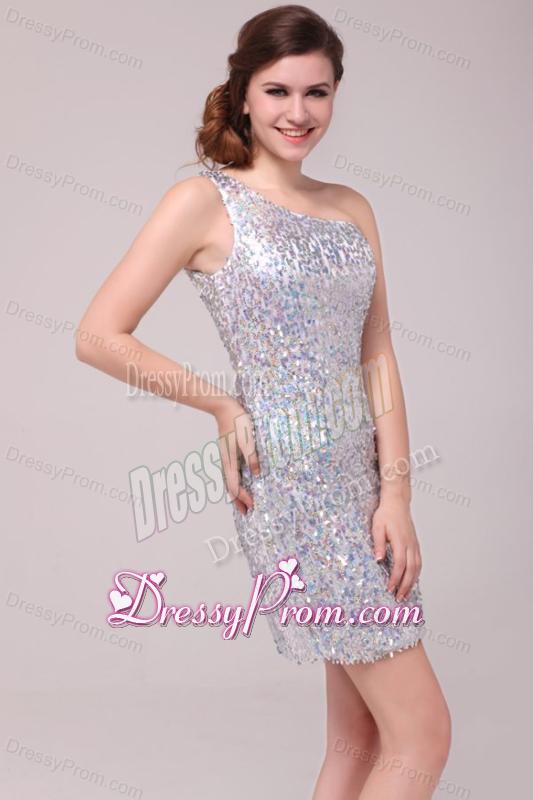 Column Sliver One Shoulder Sequins Mini-length Prom Dress