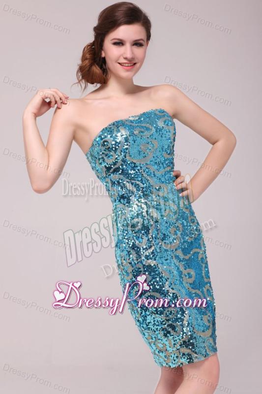 Column Strapless Blue Sequins Prom Dress with Knee-length