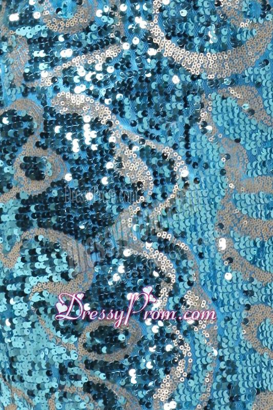 Column Strapless Blue Sequins Prom Dress with Knee-length