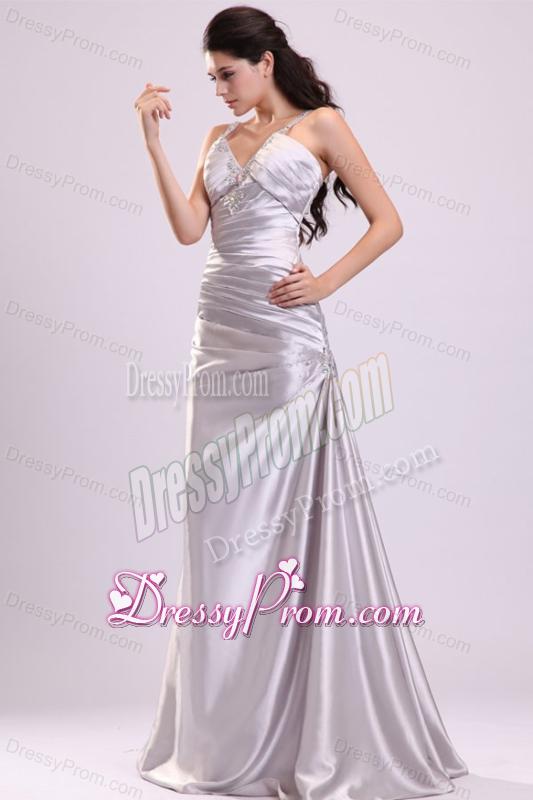Column Straps Beading Ruching Satin Floor-length Silver Prom Dress
