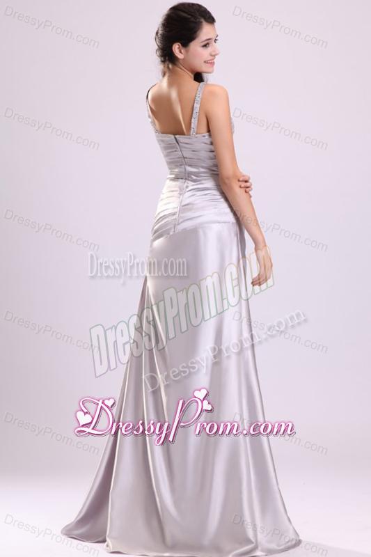 Column Straps Beading Ruching Satin Floor-length Silver Prom Dress