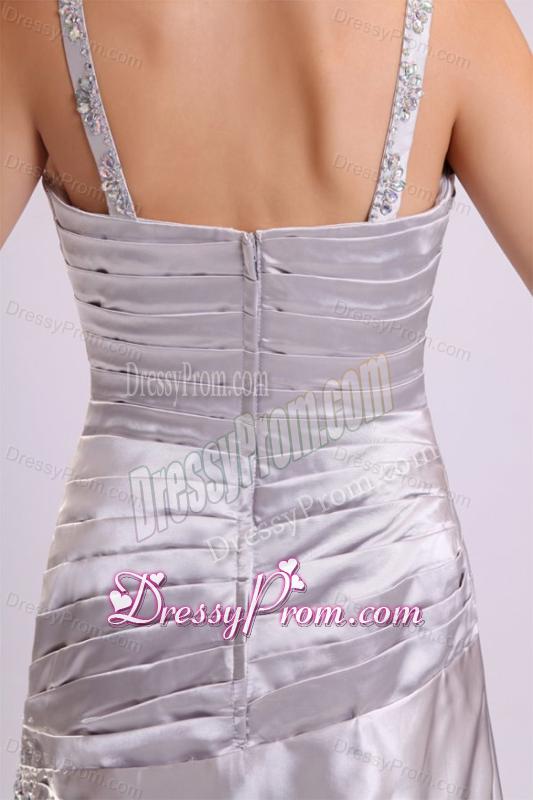 Column Straps Beading Ruching Satin Floor-length Silver Prom Dress