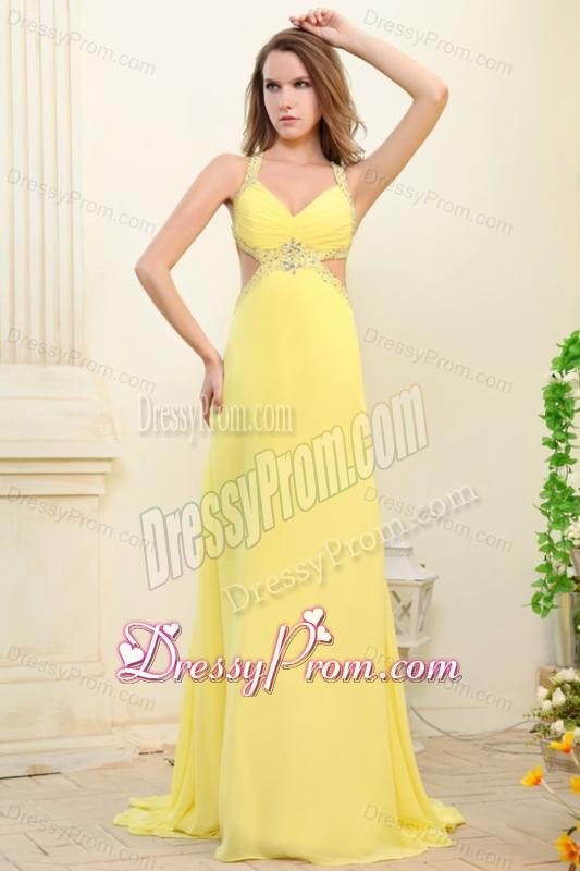 Column Straps Light Yellow Beading and Ruching Prom Dress