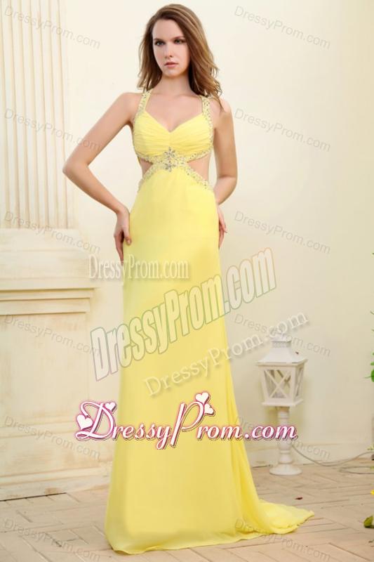 Column Straps Light Yellow Beading and Ruching Prom Dress