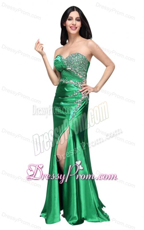 Column Sweetheart Beading Ruching Green High Slit Prom Dress
