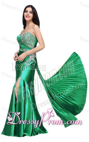 Column Sweetheart Beading Ruching Green High Slit Prom Dress