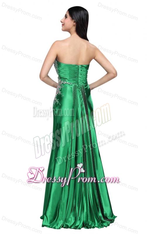 Column Sweetheart Beading Ruching Green High Slit Prom Dress