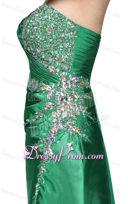 Column Sweetheart Beading Ruching Green High Slit Prom Dress