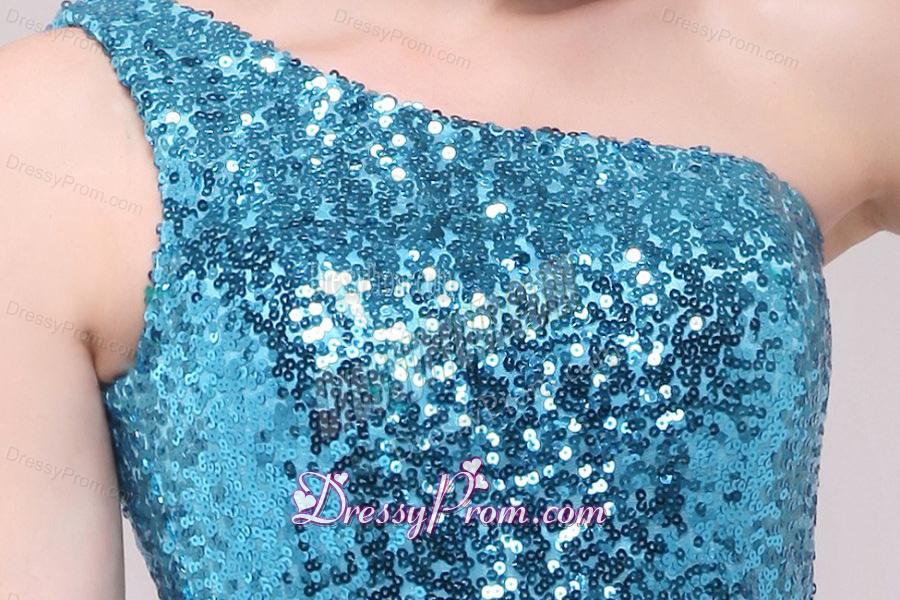 Column Teal One Shoulder Sequin Mini-length Prom Dress